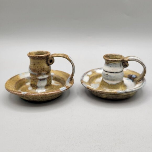 Handcrafted Pottery Taper Candle Holders Pair Stoneware Chambersticks Rustic - Picture 3 of 8